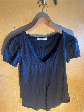 Black V-Neck Puff Sleeve Women's Top
